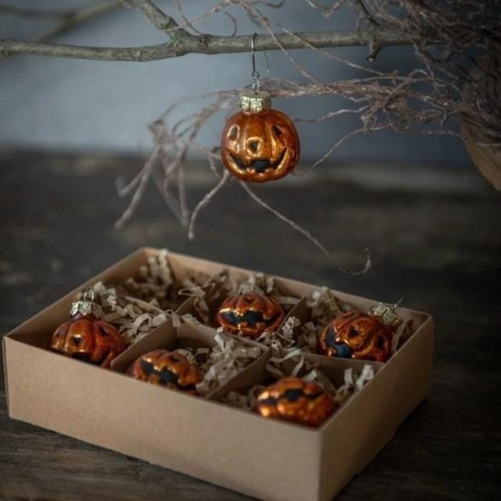 Ragon House Halloween Set/ 6 Mini Jack O Lantern Ornaments Glass Christmas NEW